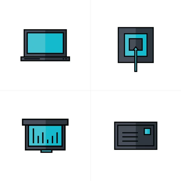 Laptop, alvo, gráfico, ícones de correio cor preta e azul — Vetor de Stock