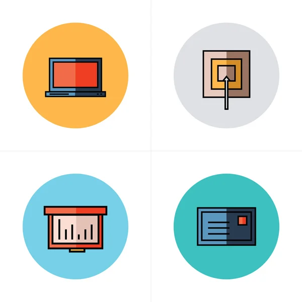 Laptop, alvo, gráfico, ícones de correio estilo plano —  Vetores de Stock