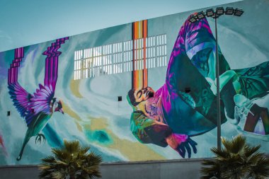 Kamu alanındaki bir binanın duvarındaki renkli çizimlerin geniş görünümü - Art Nouveau konsepti - duvarlara resim - graffiti.