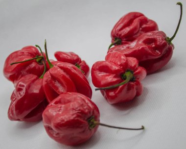 Beyaz arka planda acı kırmızı biberler 