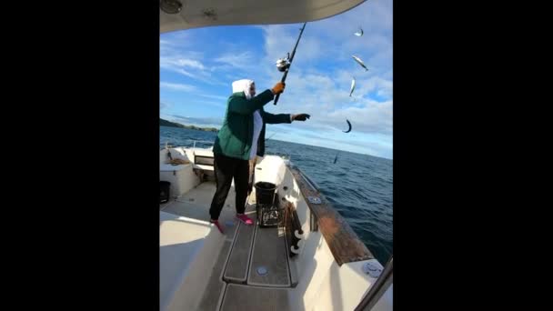 Fischerin Fängt Makrele Offenen Meer Vom Boot Aus — Stockvideo