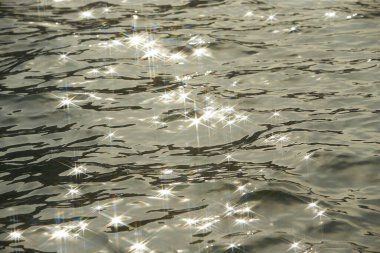 Parlak denize yansıyan güneş ışığının ayrıntıları. Suda maytap - arka plan. Güneş parlayan ve dalgalanan deniz suyu. Güçlü ve barışçıl doğa kavramı.