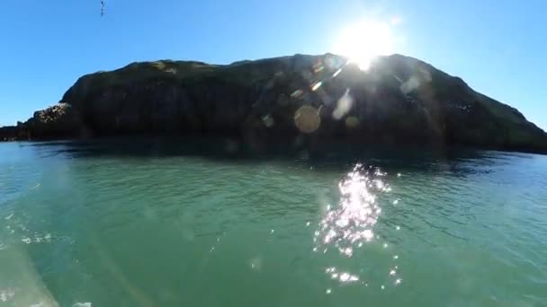 Ilha Rochosa Coberta Com Musgo Verde Pássaros Água Mar Irlandês — Vídeo de Stock