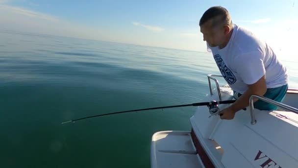 Balıkçı Adanın Arka Planındaki Tekneden Açık Denizde Balık Tutuyor Eli — Stok video