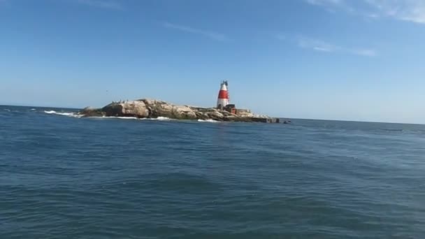 Old Muglins Lighthouse Isolated Island Backdrop Blue Cloudy Sky — Stock Video