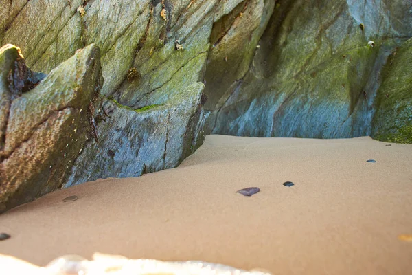 Rotsachtige Strand Met Groen Mos Dag Met Zee Achtergrond — Stockfoto