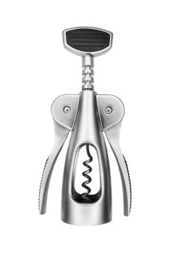 Beyaz arka planda izole edilmiş şişeleri açmak için metal manuel tirbuşon..