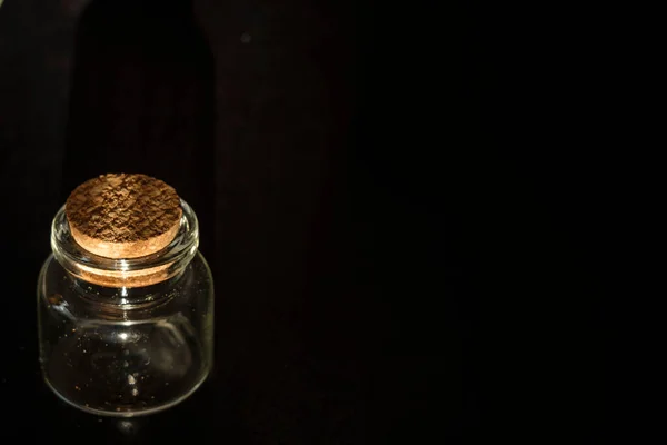 Small Glass Jar Cork Black Background — Photo