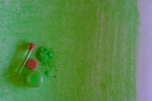 Small Jars Green Chalk Green Sheet Paper — Foto Stock