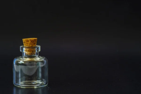 Small Glass Jar Cork Black Background — Photo