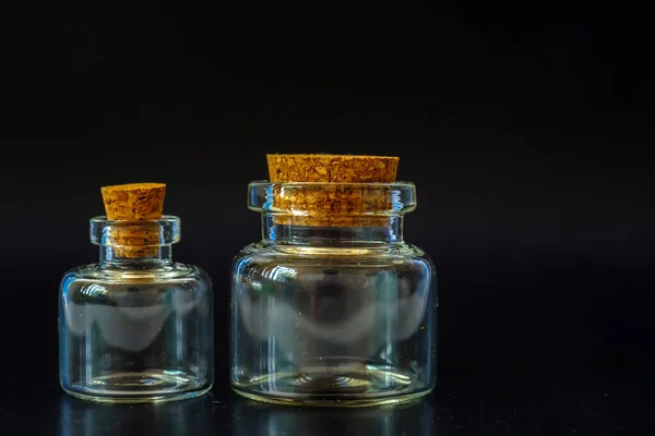 Small Glass Jars Cork Black Background — Photo