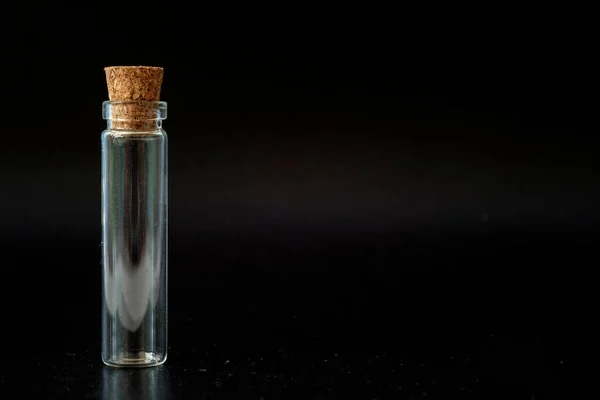 Small Glass Jar Cork Black Background — Fotografia de Stock