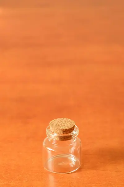 Small Glass Jar Cork Wooden Table — Photo