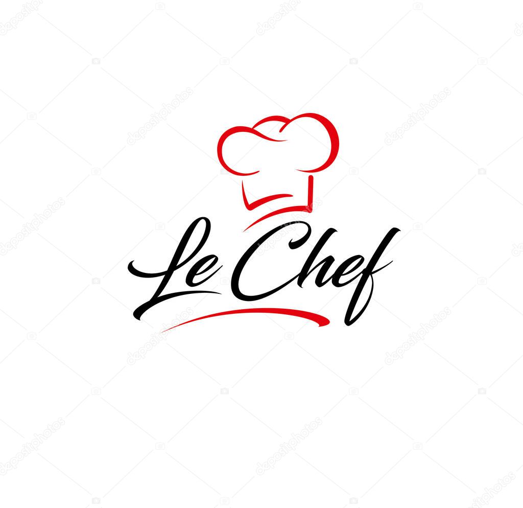 Le chef - logo for restaurant cafe or food delivery service. Hat chef lattering