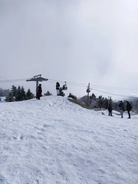 Bursa, Türkiye - 18 Ocak 2020: Bir grup insan karda oynuyor ve kışın arkasında teleferikle şakalaşıyor, beyaz