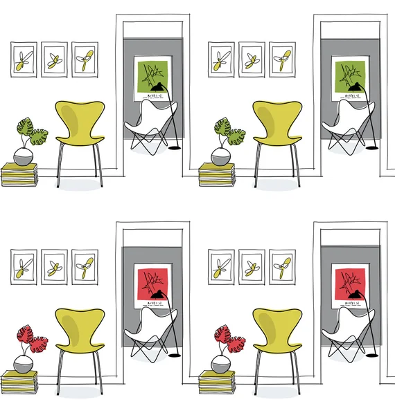 Úvod interiér, chodba. Navrhněte ikony, motýlková židle bezešvé, zelené — Stockový vektor