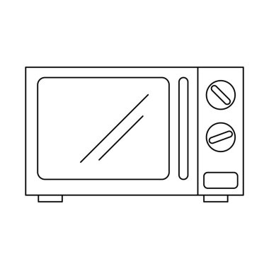 Mikrodalga ana hatları simgesi. Beyaz arkaplanda vektör çizimi izole edildi. Mutfak ve ev için küçük bir alet. Web tasarımı için ev içi araç sembolü. Yiyecek hazırlama ekipmanı.