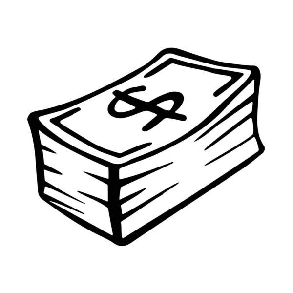 Grande Maço Dinheiro Notas Dinheiro Ícone Nota Dólar Estilo Doodle — Vetor de Stock