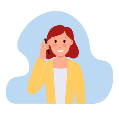 Akıllı telefonda konuşan gülümseyen genç bir kadın. Mavi arkaplanda çizgi film düz stiliyle vektör illüstrasyonu