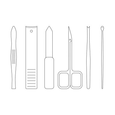 Manikür setinde el bakımı, yüz bakımı ve ayak için aletler var. Vektör ana hatları simgeleri.