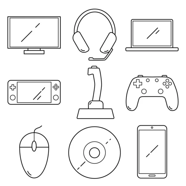 Bilgisayar oyunları simgeleri ayarlandı. 9 bilgisayar vektör simgesinin basit çizimi. Beyaz arkaplanda izole.