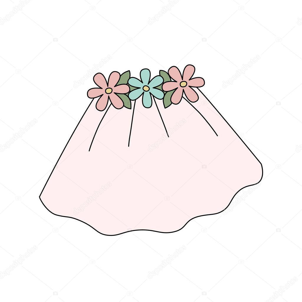 Wedding bridal veil with flower crown. Pastel vector illustration isolated on white background. Icon for bachelorette party. Design for hen party invitation card