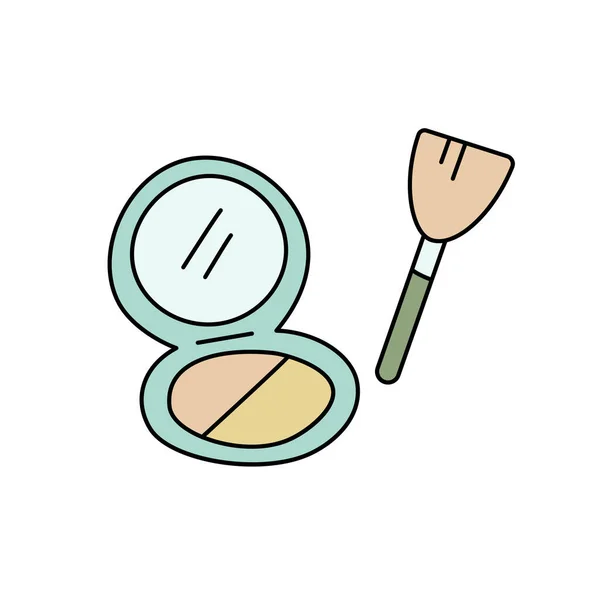 Pudra kutusu ve kozmetik fırçasının karalama işareti. Beyaz arkaplanda vektör çizimi izole edildi. Dekoratif kozmetik ve makyajın şirin çizgi film sembolü.