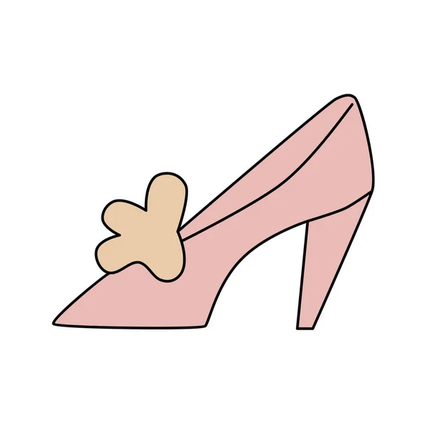 Yay süslemeli yüksek topuklu yaz ayakkabısı. Karalama tarzında pembe ayakkabılar. Çekici kadın ayakkabısının çizgi film sembolü. Ayakkabı mağazası için imza