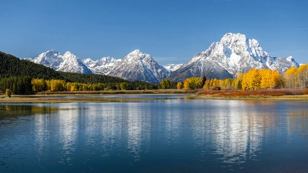 Grand Teton, Wyoming 'deki Snake River' ın yanındaki Oxbow Bend 'den Moran Dağı manzarası. Kış mevsimindeki sonbahar değişikliğine bağlı olarak T 'lerin ve çevrenin rengi değişiyor.