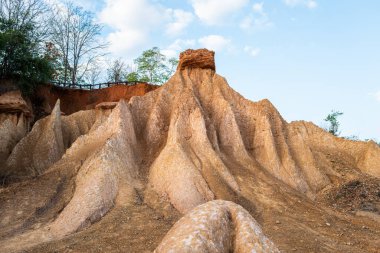 Tayland 'ın Phrae bölgesindeki Phae Mueang Phi adlı erozyonun oluşturduğu yüksek kumtaşı sütunlara sahip tuhaf çorak arazi..
