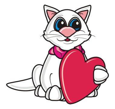 kırmızı bir kalp ile beyaz kedi