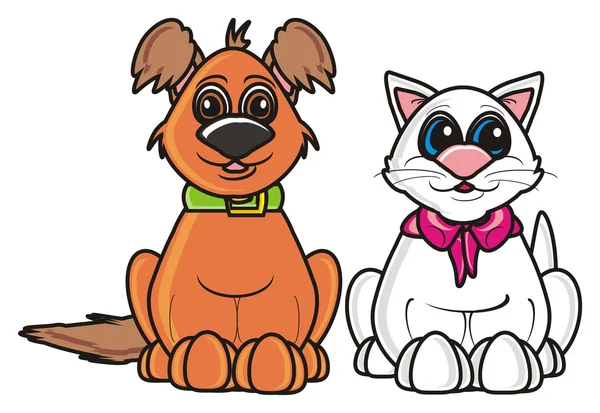 Brązowy pies Kudłaty i biały kot — Zdjęcie stockowe