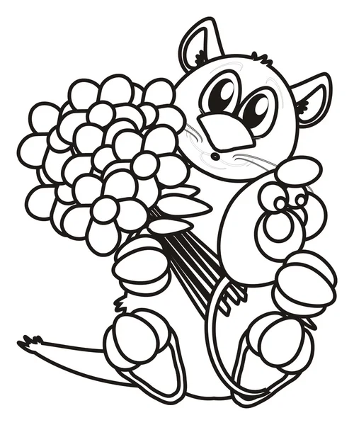 Розмальовка кіт з букетом квітів і мишкою — стокове фото