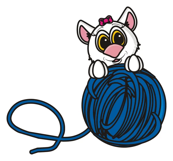 White cat with blue ball of thread — Stock Photo, Image