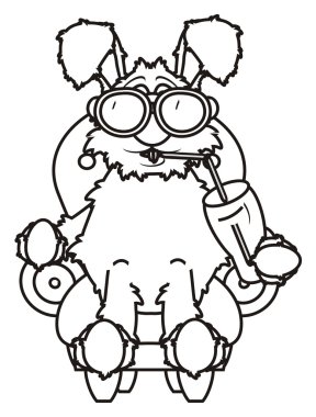 Bir içki ve güneş gözlüğü ile bir sandalye üzerinde beyaz tavşan boyama