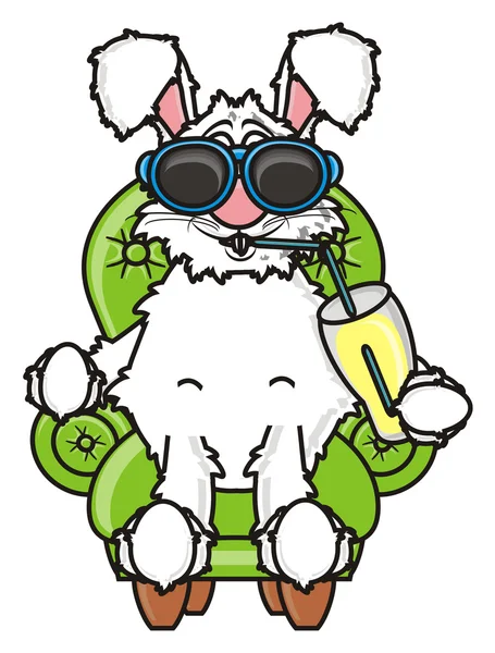 white bunny on a chair with a drink and sunglasses
