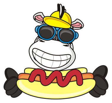 Zebra in sunglasses holding a hot dog