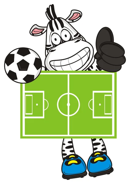 Funny zebra with ball looks of a football field and showing gesture cool — Zdjęcie stockowe