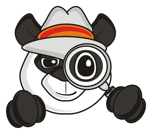 Panda hat looks through a magnifying glass — Stock Photo, Image