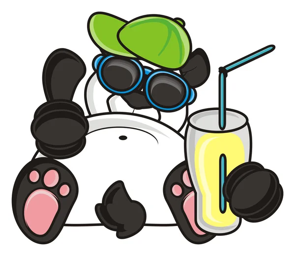 Панда лежит и показывает прохладу с напитком — стоковое фото