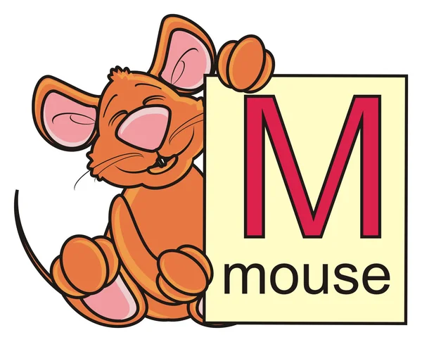 Миша тримає карту з літерою m і словом миша — стокове фото