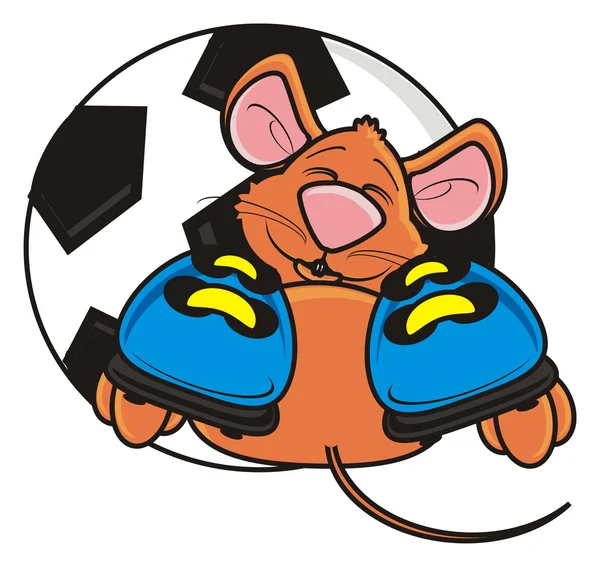 Mysz leży w butach piłkarskich na piłkę — Zdjęcie stockowe
