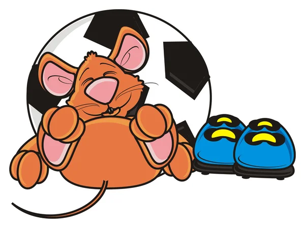 Mouse está perto das botas de futebol e bola — Fotografia de Stock