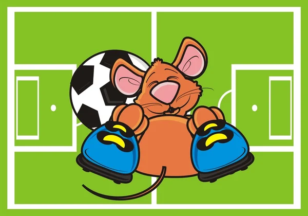 Το ποντίκι είναι στο γήπεδο ποδοσφαίρου σε μπότες και μπάλα — Φωτογραφία Αρχείου