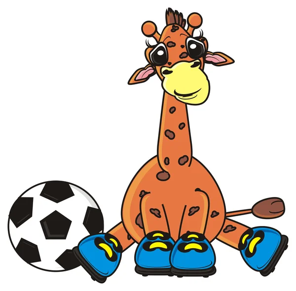 Giraffe sitting in soccer shoes and  near ball — Stock Photo, Image