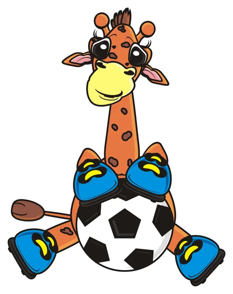 Giraffe in Stiefeln hält einen Fußballball — Stockfoto