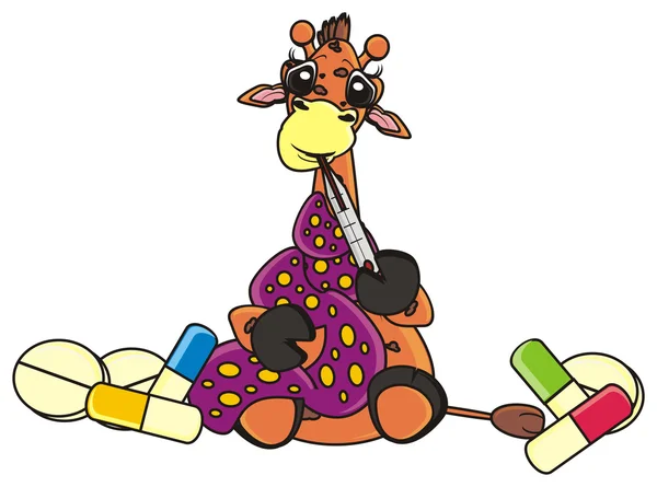 Giraffe in scarf holding a thermometer and different pills around — Stock Photo, Image