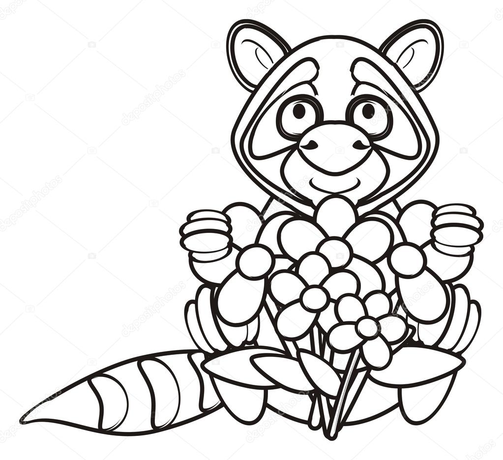 Disegni da colorare procione si siede con un mazzo di fiori — Foto di tatty77tatty