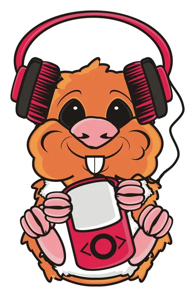 Hamster listening to music on headphones — Stock Photo, Image