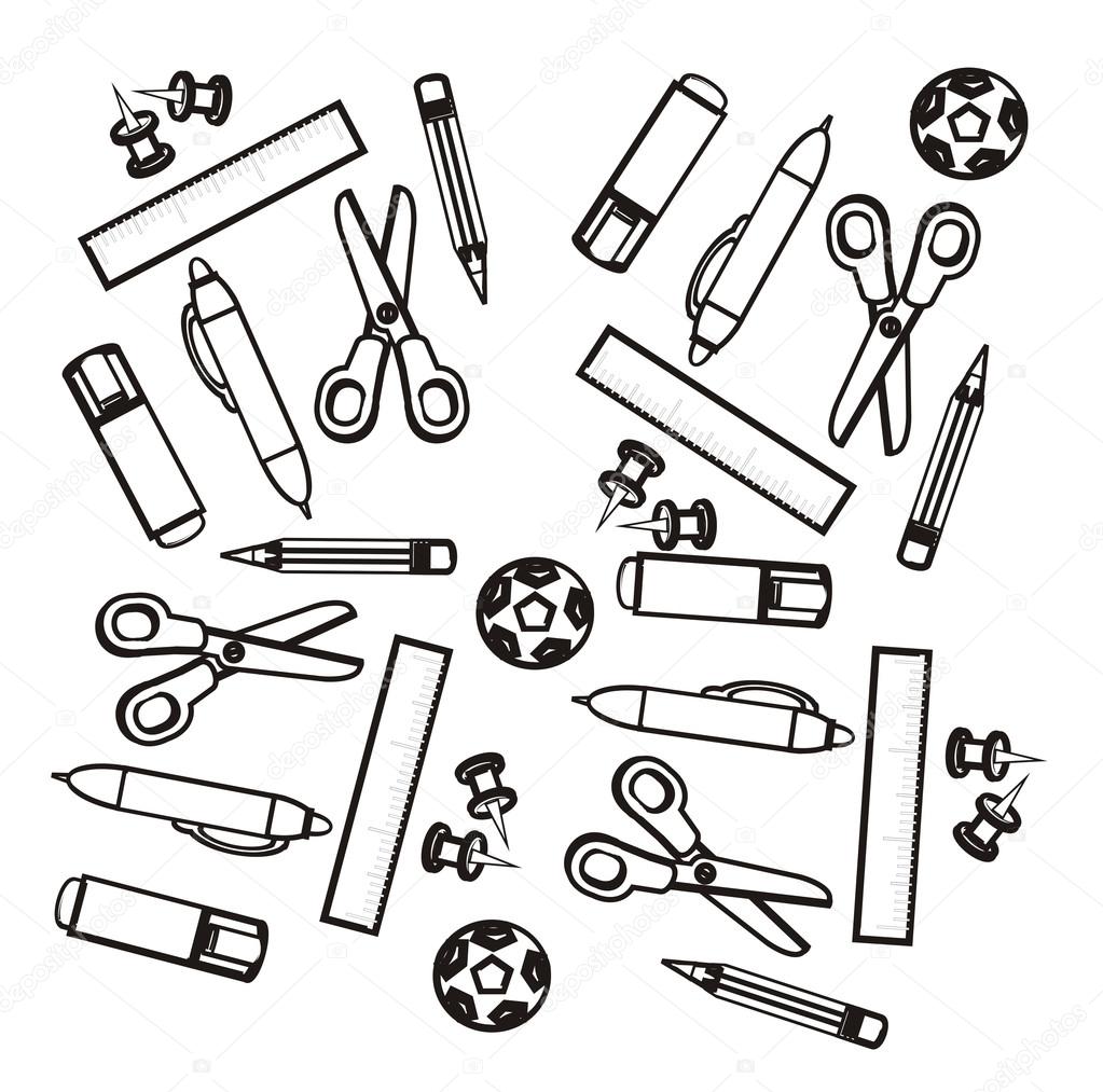 Kleurplaten Van Veel Verschillende Items Van Briefpapier Stockfoto